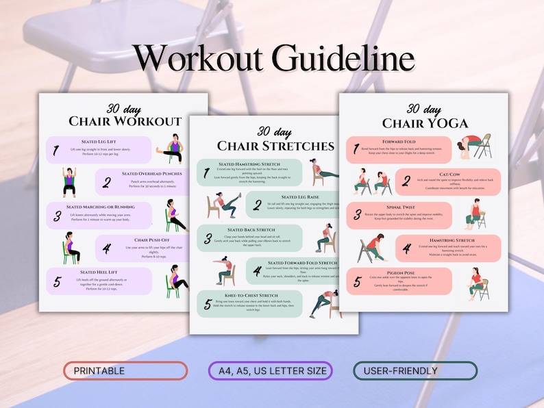 May include: Printable 30-day chair workout, chair yoga, and chair stretches guide. The guide features illustrations of people performing each exercise. The guide is user-friendly and available in A4, A5, and US letter sizes.