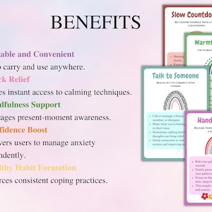 May include: A colorful infographic titled "Benefits" lists five benefits of using a coping skills card deck. The benefits are: Portable and Convenient, Quick Relief, Mindfulness Support, Confidence Boost, and Healthy Habit Formation. The infographic also includes five different coping skills: Slow Countdown, Warmth Therapy, Talk to Someone, Hand Massage, and Grounding.