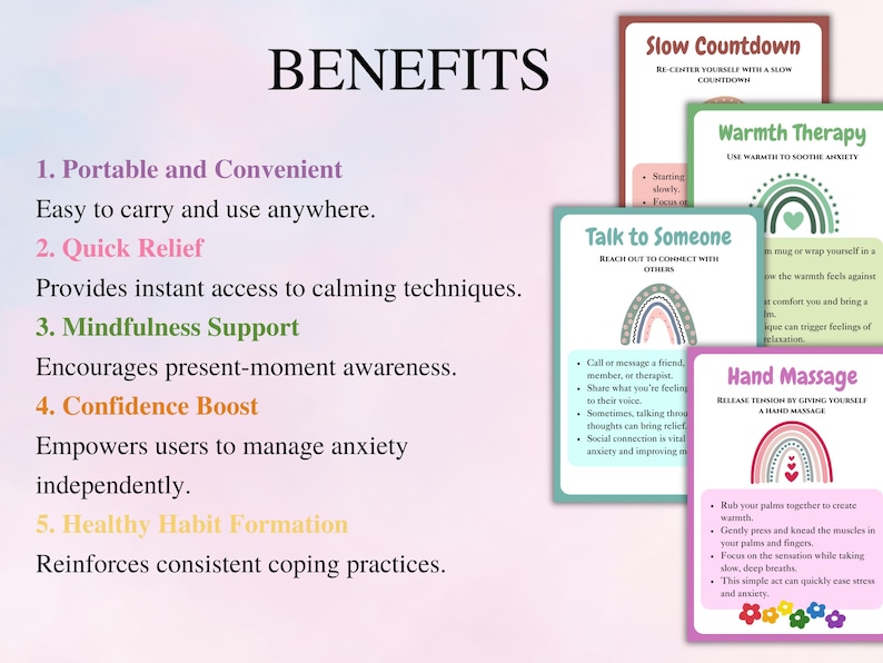 May include: A colorful infographic titled "Benefits" lists five benefits of using a coping skills card deck. The benefits are: Portable and Convenient, Quick Relief, Mindfulness Support, Confidence Boost, and Healthy Habit Formation. The infographic also includes five different coping skills: Slow Countdown, Warmth Therapy, Talk to Someone, Hand Massage, and Grounding.