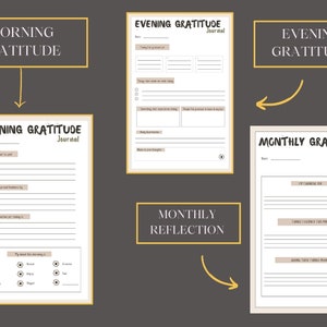 以下が含まれることがあります： 「Morning Gratitude」、「Evening Gratitude」、および「Monthly Reflection」というタイトルの3つの感謝日記のセット。各日記は、黒いテキストと金色のボーダーが付いたクリーム色の背景を持っています。日記は、毎日および毎月の反省のために設計されています。