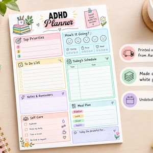 May include: An ADHD Planner notepad with colorful sections for Top Priorities, To Do List, Notes & Reminders, Self Care, How's It Going, Today's Schedule, Meal Plan, and Today I'm Grateful For. The page features pastel borders and icons.