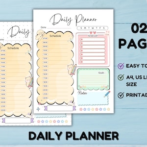 May include: Two-page daily planner with a cute bear illustration. The planner includes sections for scheduling, to-do lists, goals, and notes. The text on the planner includes "Daily Planner", "Schedule", "To Do List", "Goals", and "Notes". The planner is A4 and US letter size.