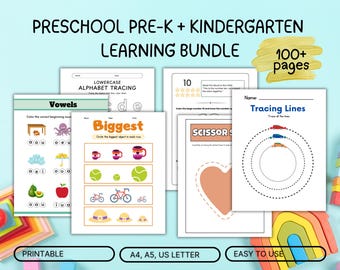 Preschool Pre-K Kindergarten Learning Bundle,Tracing, Alphabet, Numbers, Scissors Skills ,Homeschool Decor , ABC Poster Playroom, Worksheets