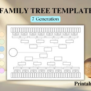 May include: A printable family tree template with a 7-generation layout. The design includes a series of connected boxes and circles, with the text "Family Tree Template" and "7 Generation" at the top. The words "06 Colors" and "Printable" are also visible.