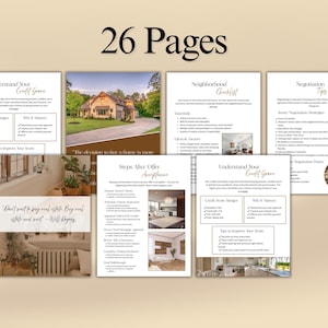 May include: A digital guide with the text "26 Pages" at the top. The guide's pages cover topics like credit scores, neighborhood checklists, and negotiation tips. Images of homes and interiors are included.