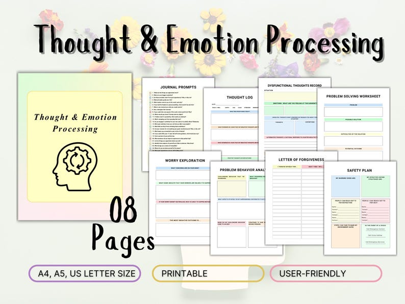May include: Printable thought and emotion processing journal with 8 pages. The journal includes sections for journal prompts, thought log, dysfunctional thoughts record, problem solving worksheet, worry exploration, problem behavior analysis, letter of forgiveness, and safety plan.