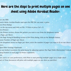 K&ouml;nnte beinhalten: Eine blau-wei&szlig;e illustrierte Anleitung mit Anweisungen zum Drucken mehrerer Seiten auf einem Blatt mit Adobe Acrobat Reader. Die Schritte umfassen das &Ouml;ffnen des PDF-Dokuments, die Auswahl des Druckers, das Festlegen der Seiten pro Blatt und das Anpassen weiterer Einstellungen.