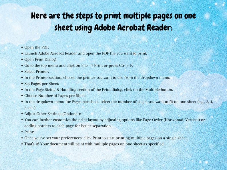 K&ouml;nnte beinhalten: Eine blau-wei&szlig;e illustrierte Anleitung mit Anweisungen zum Drucken mehrerer Seiten auf einem Blatt mit Adobe Acrobat Reader. Die Schritte umfassen das &Ouml;ffnen des PDF-Dokuments, die Auswahl des Druckers, das Festlegen der Seiten pro Blatt und das Anpassen weiterer Einstellungen.