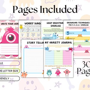 May include: Printable anxiety journal with 30 pages featuring colorful illustrations of monsters. The journal includes activities like worry bingo, deep breathing exercises, grounding techniques, and story telling prompts.