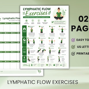 以下が含まれることがあります： Lymphatic Flow Exercisesと題された2ページの印刷可能なガイド。このドキュメントには、緑と白のグラフィックが含まれており、毎日のトラッカーと、体の部位ごとに分類された16の図解された運動手順が記載されています。