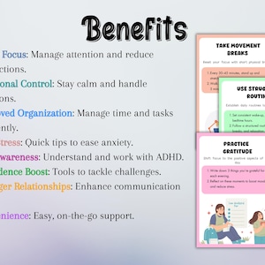 May include: A colorful infographic with the word "Benefits" in a large black font at the top. The infographic lists several benefits of using a tool or resource, including better focus, emotional control, improved organization, less stress, self-awareness, confidence boost, stronger relationships, and convenience. The infographic also includes three smaller sections with tips for taking movement breaks, using structured routines, and practicing gratitude.