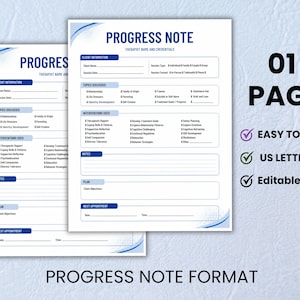 May include: A printable progress note template for therapists featuring blue headers and sections for client information, topics discussed, interventions used, notes, plan, and next appointment. The document includes text labels like 01 PAGE, EASY TO USE, US LETTER SIZE, and EDITABLE.