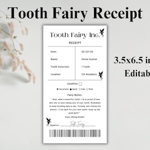 Certificat de reçu modifiable de fée des dents | Première dent perdue | Lettre personnalisée de fée des dents pour enfants | Souvenir imprimable