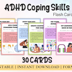 Kaarten met vaardigheden om om te gaan met ADHD, hulpmiddelen voor ADHD-therapie, ADHD-bundel, ADHD voor volwassenen, hulpmiddelen voor ADHD voor tieners, visuele hulpmiddelen voor ADHD, aardingstechnieken,