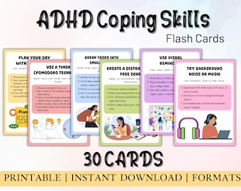 ADHD coping skills cards, ADHD therapy tools, ADHD bundle, adhd for adults, adhd for teens resources, adhd visual aids Grounding Techniques,
