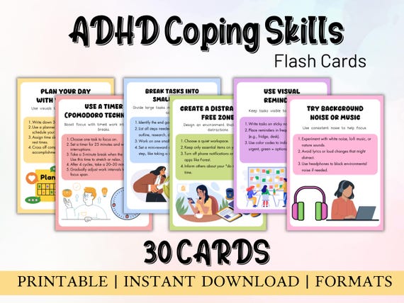 ADHD coping skills cards, ADHD therapy tools, ADHD bundle, adhd for adults, adhd for teens resources, adhd visual aids Grounding Techniques,