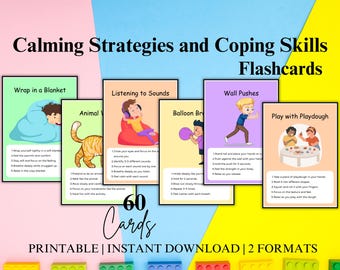 May include: A set of 60 printable flashcards with colorful illustrations and instructions for calming strategies and coping skills. The flashcards feature activities like wrapping in a blanket, listening to sounds, wall pushes, balloon breathing, and playing with playdough.