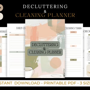 Puede incluir: Planificador de limpieza y organización imprimible con más de 30 plantillas. El planificador presenta un diseño abstracto en rosa, verde y marrón con una taza de café. El texto "Decluttering & Cleaning Planner" está escrito en negrita, en letras negras.