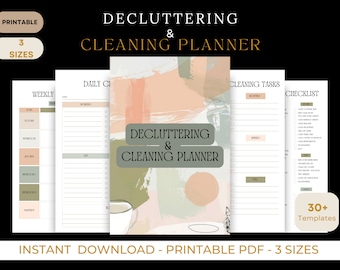 Könnte beinhalten: Druckbarer Entrümpelungs- und Reinigungsplaner mit über 30 Vorlagen. Der Planer verfügt über ein abstraktes Design in Rosa, Grün und Braun mit einer Tasse Kaffee. Der Text "Decluttering & Cleaning Planner" ist in fetten, schwarzen Buchstaben geschrieben.