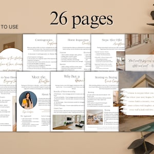 May include: A real estate guide with the text "26 pages" and "Easy to Use". The guide includes sections on contingencies, home inspection, and steps after an offer. The cover has the text "Home is the starting place of love, dreams, and memories."