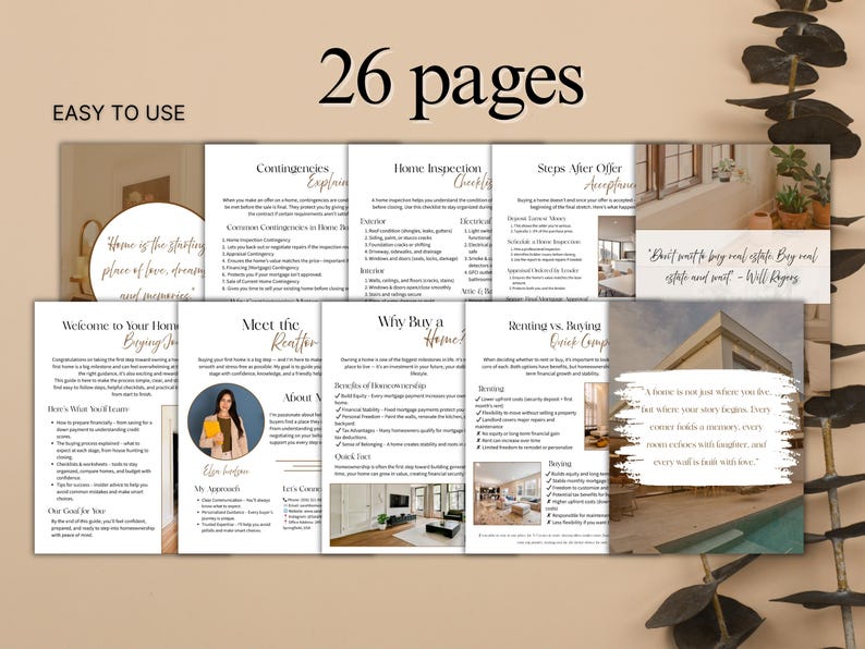 May include: A real estate guide with the text "26 pages" and "Easy to Use". The guide includes sections on contingencies, home inspection, and steps after an offer. The cover has the text "Home is the starting place of love, dreams, and memories."