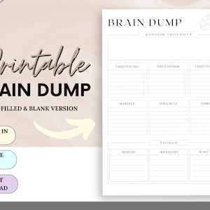 Op de afbeelding: Printbare brain dump-planner met secties voor "Bellen", "E-mailen", "Bericht sturen", "Plannen", "Opvolgen", "Te doen", "Moet doen", "Moet doen" en "Wil doen".