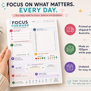May include: A white daily planner sheet titled Focus Forward ADHD Daily Planner with sections for top priorities, energy-based tasks, brain dump, daily schedule from 6 AM to 9 PM, self-care check, and reward yourself prompts with colourful icons.