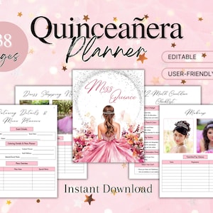 May include: A printable Quinceañera planner with 38 pages. The planner includes sections for dress shopping, catering details, a 2-month countdown checklist, and makeup. The cover features a pink and silver design with the text "Miss Quince" and "Quinceañera Planner".