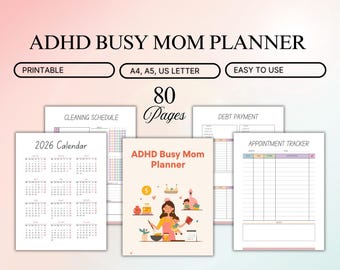 Agenda stampabile per mamme impegnate con ADHD / Agenda per la vita da mamma da 80 pagine / Organizzatore adatto a ADHD / Monitoraggio del budget per il programma di pulizia / Formato A4 A5 Lettera USA