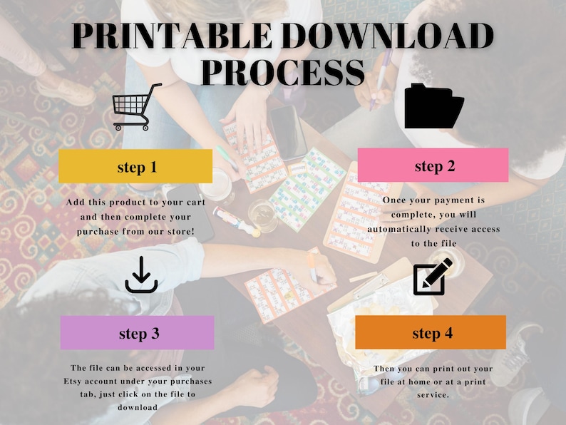 May include: A printable download process is illustrated with four steps. The steps are: 1. Add to cart, 2. Complete payment, 3. Access file, 4. Print file. The steps are illustrated with icons of a shopping cart, a folder, a download arrow, and a pencil.