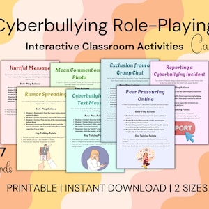 May include: Seven printable role-playing cards for classroom activities on cyberbullying. Each card features a different scenario, such as hurtful messages, mean comments, exclusion from a group chat, cyberbullying text messages, rumour spreading, peer pressuring online, and reporting a cyberbullying incident. The cards are designed to help students learn about cyberbullying and how to respond to it.