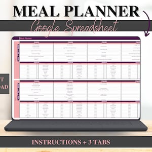 Pode incluir: Um computador portátil exibindo uma planilha do Google intitulada "Meal Planner". A planilha é dividida em três guias, cada uma com um esquema de cores diferente. As guias são rotuladas como "Instruções", "1 semana" e "2 semanas".