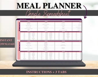 Weekly meal planner google sheets, Daily Meal Planner Spreadsheet , Digital Meal Planner with Grocery List, Shopping List, Food Prep