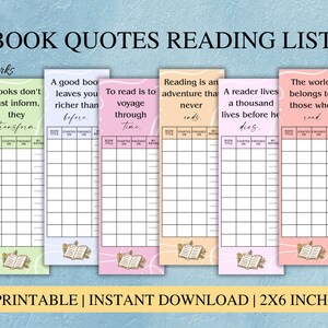 May include: Set of 6 colorful bookmarks with inspirational quotes about reading. Each bookmark has a different pastel color background and a space to track reading progress. The bookmarks are 2x6 inches.