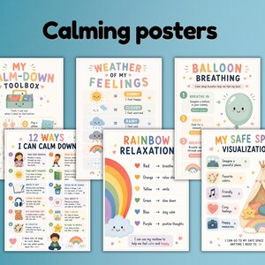 May include: A set of five educational posters titled Calming posters, featuring My Calm-Down Toolbox, Weather of My Feelings, Balloon Breathing, 12 Ways I Can Calm Down, Rainbow Relaxation, and My Safe Space Visualization with colourful illustrations.