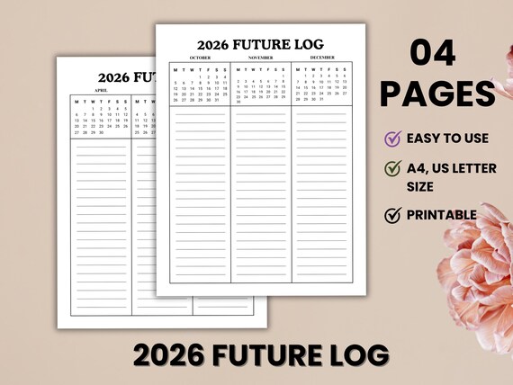 2026 Future Log Printable | Minimalist Planner Insert | 4-Page Future Log | Bullet Journal Planner | Year at a Glance, 2025 Monthly Planner