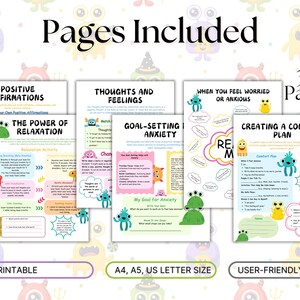 May include: A set of 30 printable worksheets for children to help them manage anxiety and stress. The worksheets feature colorful illustrations of monsters and include activities such as positive affirmations, relaxation techniques, goal setting, and creating a comfort plan. The worksheets are designed to be user-friendly and are available in A4, A5, and US letter sizes.