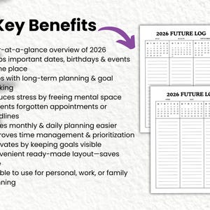 May include: Two white 2026 Future Log planner pages with a calendar layout and lined sections for notes. The image also includes a list of key benefits, such as long-term planning and goal tracking.