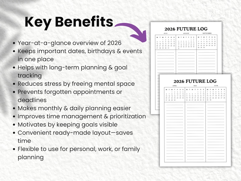 May include: Two white 2026 Future Log planner pages with a calendar layout and lined sections for notes. The image also includes a list of key benefits, such as long-term planning and goal tracking.
