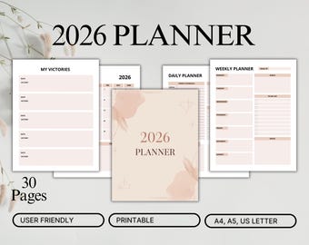 2026 Planner Printable | 30 Page Minimalist Planner | Daily, Weekly & Monthly Organizer | A4, A5, US Letter | Aesthetic Minimalistic Daily