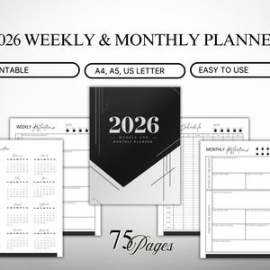 Op de afbeelding: Een zwart-wit 2026 week- en maandplanner met kalender, schema en reflectiepagina's. Printbaar in A4, A5 en US Letter formaten. De omslag toont het jaar 2026. Bevat 75 pagina's.