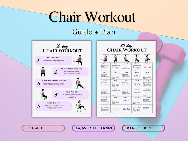 May include: A printable 30-day chair workout guide and plan. The guide includes five exercises with illustrations and descriptions. The plan is a grid with 30 days of workouts.