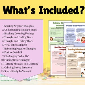 May include: A pink and white printable worksheet with the title "What's Included?" and a list of 13 items related to managing negative thoughts and emotions. The list includes "Spotting Negative Thoughts", "Understanding Thought Traps", "Breaking Down Big Feelings", "Thought and Feeling Diary", "What's the Evidence?", "Reframing Negative Thoughts", "Positive Self-Talk", "Challenging "What-Ifs"", "Finding Better Thoughts", "Turning Mistakes into Learning", "Calming Strong Emotions", and "Speak Kindly To Yourself".
