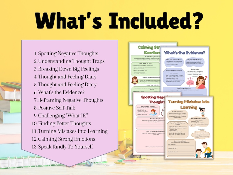 May include: A pink and white printable worksheet with the title "What's Included?" and a list of 13 items related to managing negative thoughts and emotions. The list includes "Spotting Negative Thoughts", "Understanding Thought Traps", "Breaking Down Big Feelings", "Thought and Feeling Diary", "What's the Evidence?", "Reframing Negative Thoughts", "Positive Self-Talk", "Challenging "What-Ifs"", "Finding Better Thoughts", "Turning Mistakes into Learning", "Calming Strong Emotions", and "Speak Kindly To Yourself".