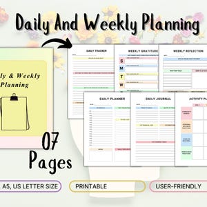 May include: Printable daily and weekly planner with 7 pages. The planner includes sections for daily tracking, weekly gratitude, weekly reflection, daily planner, daily journal, and activity planning. The pages are color-coded with pastel colors.