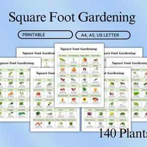 Planificador de jardinería imprimible en pies cuadrados / Guía de espaciado de 140 plantas / Diseño de bancales elevados y huertos urbanos / Tamaño carta (A4, A5, PDF)
