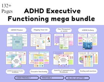 May include: ADHD Executive Functioning mega bundle with 132+ pages. Includes ADHD Planner, Symptom Tracker, and workbooks on time management, executive functioning, and assertive communication. User-friendly, printable, A4, A5, and US Letter sizes.