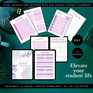 May include: A digital planner for students with a watercolor background featuring leaves and a key. The planner includes pages for a timetable, to-do list, student information, class information, and a semester planner. The text "student planner" is written in cursive on the cover. The planner is printable and includes 31 pages.