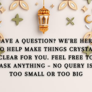 May include: A gold lantern with a white interior hangs from a string against a light pink background with decorative shapes in beige and green. The text "HAVE A QUESTION? WE'RE HERE TO HELP MAKE THINGS CRYSTAL CLEAR FOR YOU. FEEL FREE TO ASK ANYTHING - NO QUERY IS TOO SMALL OR TOO BIG" is written in black.