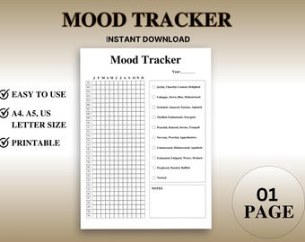 Mood Tracker Printable, daily mood tracker, Feelings Tracker, Track Mood, Emotion Tracker, Wellness Planner,A4/A5/Letter, Instant Download